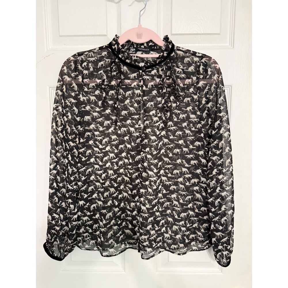 Zara Black Fox Print Sheer Ruffle Blouse  XS Dark woodland romantic